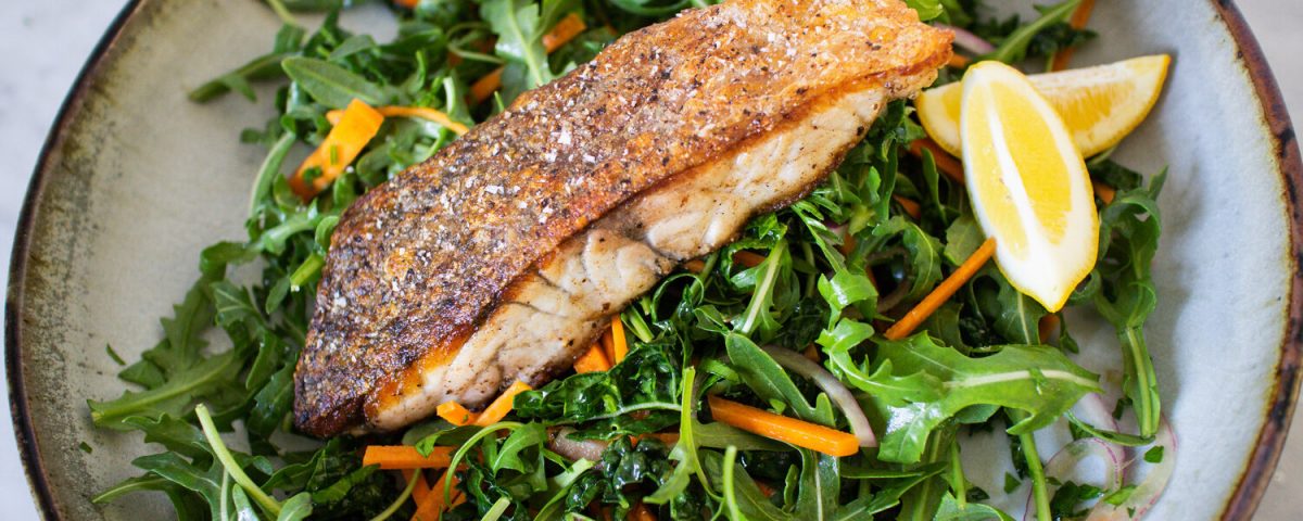 Bare Health Studio Crispy Skin Barramundi with Kale Slaw