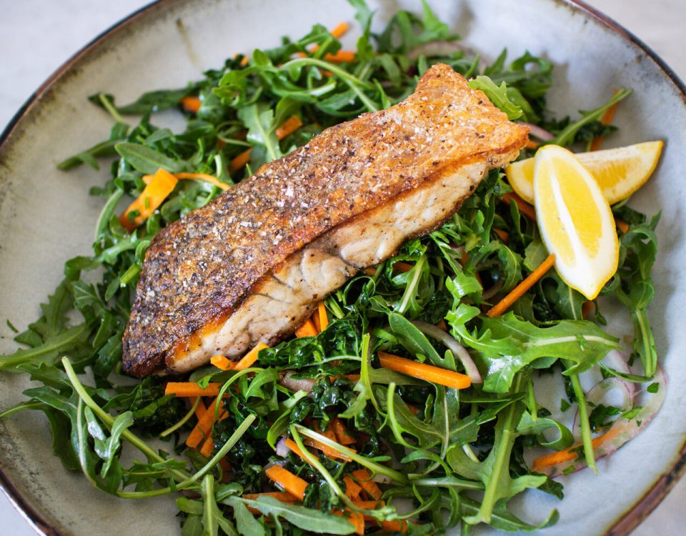 Bare Health Studio Crispy Skin Barramundi with Kale Slaw